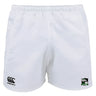 The Eagle High Mustangs Advantage Rugby Shorts by EMB Canterbury feature moisture-wicking fabric, the Canterbury logo on the left leg, and a football-and-shield crest on the right—ideal for athletic performance.