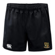 Exiles Rugby Football Club Advantage Rugby Shorts by EMB Canterbury feature an elastic waistband, the Canterbury logo on the left leg, and the Exiles RFC crest on the right—designed for comfort and durability.