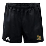 Exiles Rugby Football Club Advantage Rugby Shorts by EMB Canterbury feature an elastic waistband, the Canterbury logo on the left leg, and the Exiles RFC crest on the right—designed for comfort and durability.