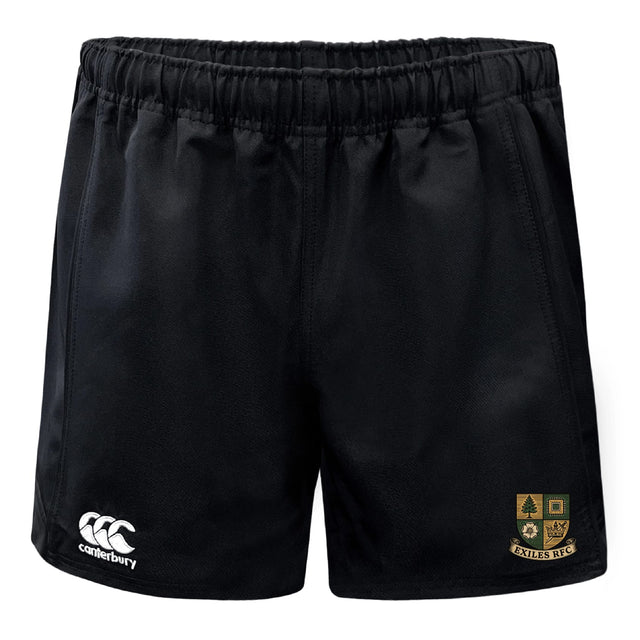 Exiles Rugby Football Club Advantage Rugby Shorts by EMB Canterbury feature an elastic waistband, the Canterbury logo on the left leg, and the Exiles RFC crest on the right—designed for comfort and durability.