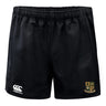 Exiles Rugby Football Club Advantage Rugby Shorts by EMB Canterbury feature an elastic waistband, the Canterbury logo on the left leg, and the Exiles RFC crest on the right—designed for comfort and durability.