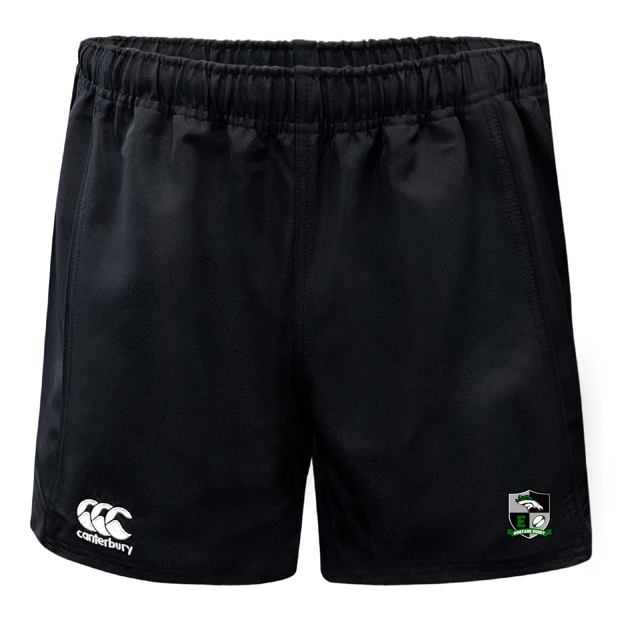 The Eagle High Mustangs Advantage Rugby Shorts by EMB Canterbury feature an elastic waistband, moisture-wicking fabric, and a green, black, and silver logo with white Canterbury branding on the front for lasting comfort on the field.