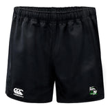 The Eagle High Mustangs Advantage Rugby Shorts by EMB Canterbury feature an elastic waistband, moisture-wicking fabric, and a green, black, and silver logo with white Canterbury branding on the front for lasting comfort on the field.