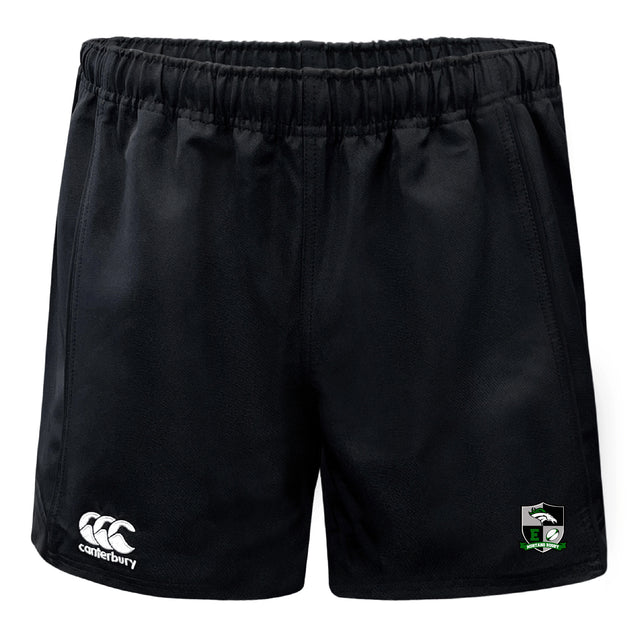 The Eagle High Mustangs Advantage Rugby Shorts by EMB Canterbury feature an elastic waistband, moisture-wicking fabric, and a green, black, and silver logo with white Canterbury branding on the front for lasting comfort on the field.