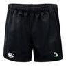 The Eagle High Mustangs Advantage Rugby Shorts by EMB Canterbury feature an elastic waistband, moisture-wicking fabric, and a green, black, and silver logo with white Canterbury branding on the front for lasting comfort on the field.