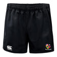 The Erie Rugby Club Advantage Rugby Shorts by EMB Canterbury feature an elastic waistband, moisture-wicking fabric, a Canterbury logo on the left leg, and a colorful Erie Rugby Club crest on the right.