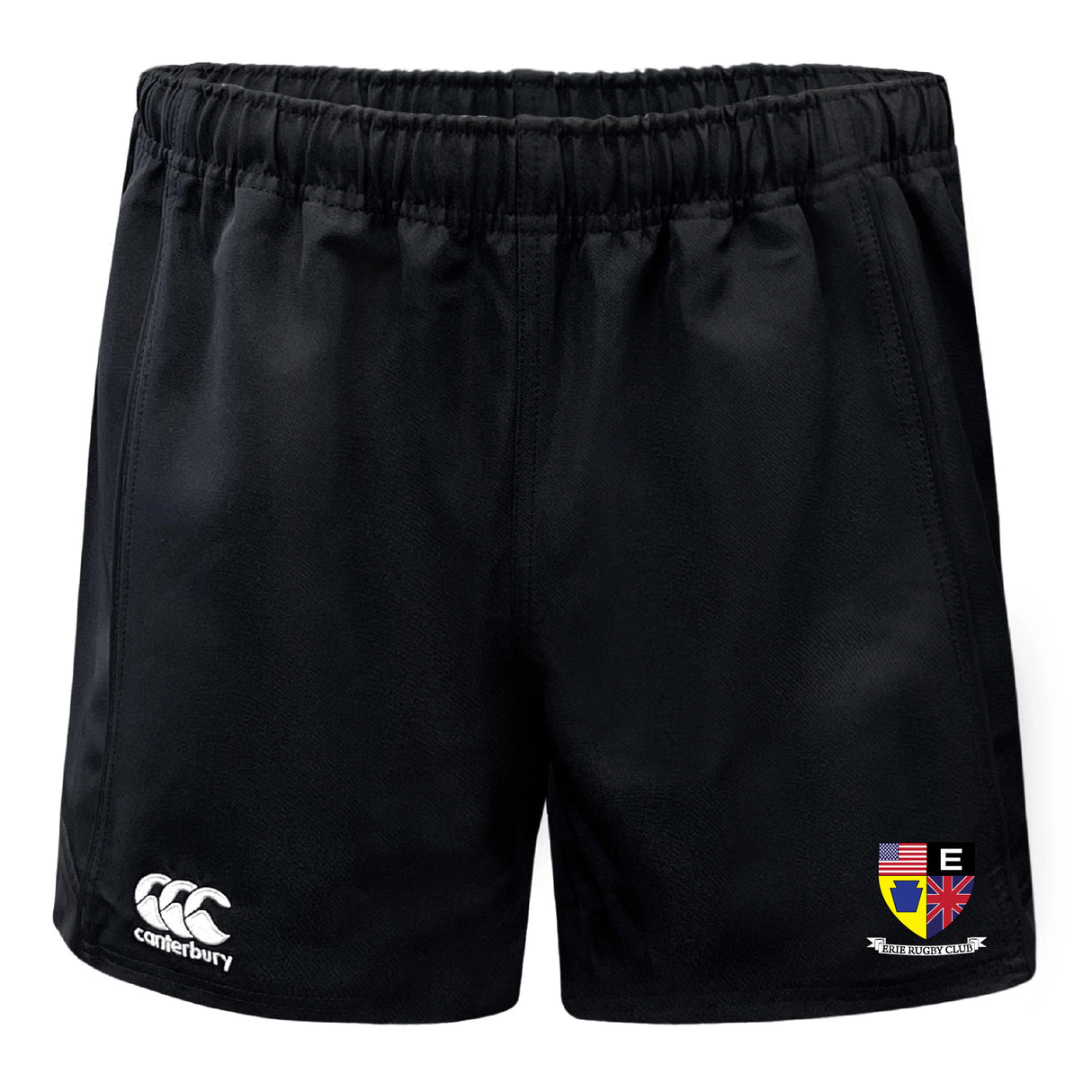 The Erie Rugby Club Advantage Rugby Shorts by EMB Canterbury feature an elastic waistband, moisture-wicking fabric, a Canterbury logo on the left leg, and a colorful Erie Rugby Club crest on the right.