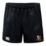 The Erie Rugby Club Advantage Rugby Shorts by EMB Canterbury feature an elastic waistband, moisture-wicking fabric, a Canterbury logo on the left leg, and a colorful Erie Rugby Club crest on the right.