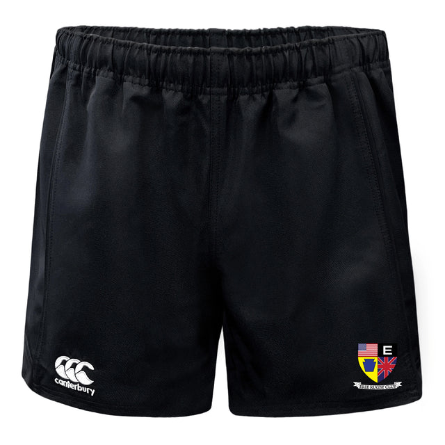 The Erie Rugby Club Advantage Rugby Shorts by EMB Canterbury feature an elastic waistband, moisture-wicking fabric, a Canterbury logo on the left leg, and a colorful Erie Rugby Club crest on the right.