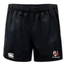 The Erie Rugby Club Advantage Rugby Shorts by EMB Canterbury feature an elastic waistband, moisture-wicking fabric, a Canterbury logo on the left leg, and a colorful Erie Rugby Club crest on the right.