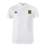The Exiles Rugby Football Club Waimak Polo by EMB Canterbury is a white short-sleeved rugby polo with a collar, Canterbury logo on the right chest, and a multi-colored crest on the left—perfect for men's style and comfort.