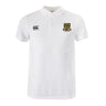The Exiles Rugby Football Club Waimak Polo by EMB Canterbury is a white short-sleeved rugby polo with a collar, Canterbury logo on the right chest, and a multi-colored crest on the left—perfect for men's style and comfort.