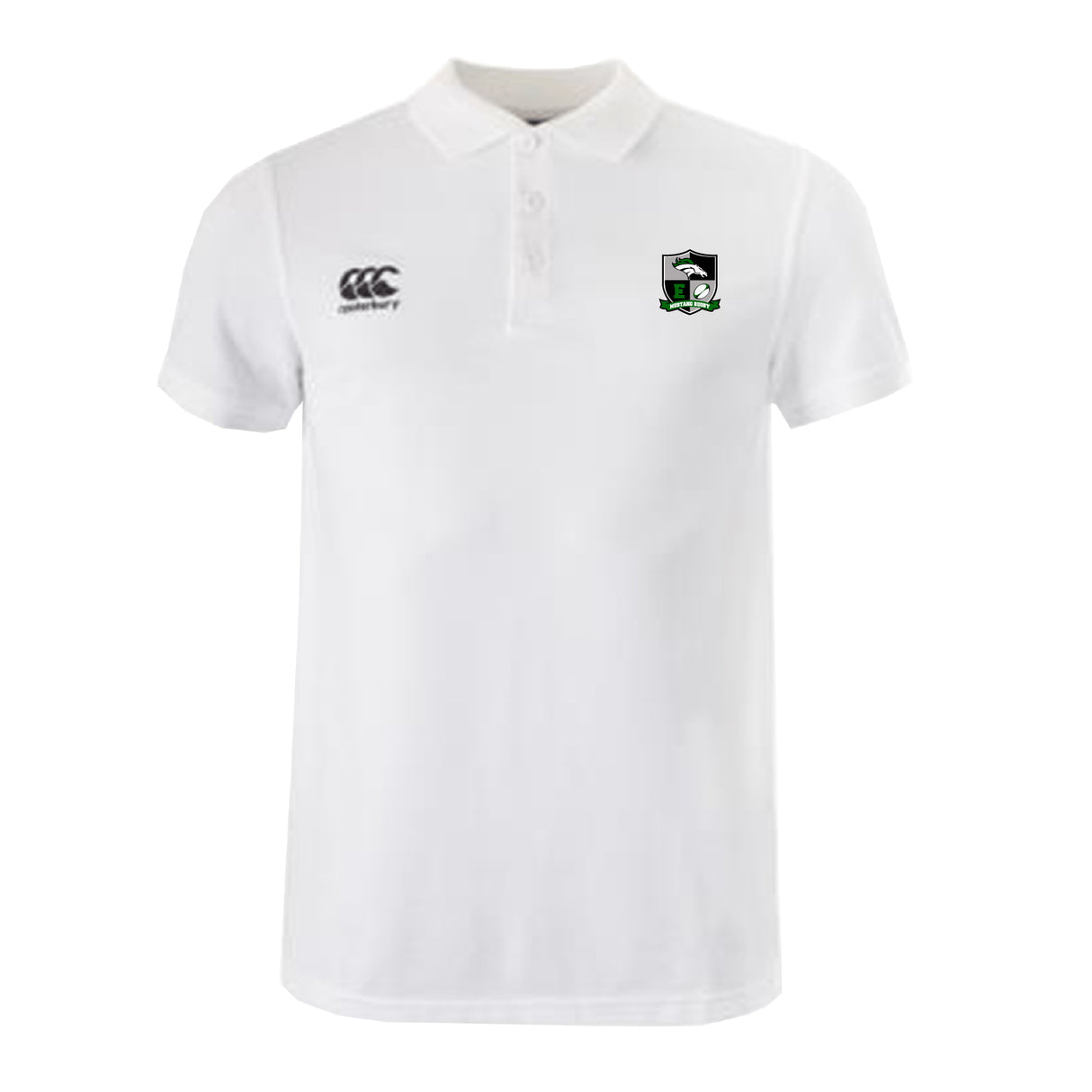 The Eagle High Mustangs Waimak Polo by EMB Canterbury features a white short-sleeve design, buttoned collar, black and green crest on the left chest, and Canterbury logo on the right—a classic rugby polo.