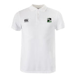 The Eagle High Mustangs Waimak Polo by EMB Canterbury features a white short-sleeve design, buttoned collar, black and green crest on the left chest, and Canterbury logo on the right—a classic rugby polo.