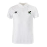 The Eagle High Mustangs Waimak Polo by EMB Canterbury features a white short-sleeve design, buttoned collar, black and green crest on the left chest, and Canterbury logo on the right—a classic rugby polo.