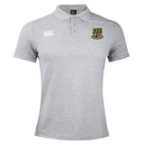 The Exiles Rugby Football Club Waimak Polo by EMB Canterbury is a light grey short-sleeved men's rugby shirt featuring a collar, button placket, embroidered crest on the left chest, and white Canterbury logo on the right.