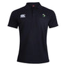 The Eagle High Mustangs Waimak Polo by EMB Canterbury features black short sleeves, a collar, a white Canterbury logo on the right chest, and a green and white crest on the left chest.
