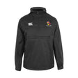 The Erie Rugby Club Packaway Jacket by EMB Canterbury is a black men’s hooded pullover with a multicolored chest crest, front zip pocket, elastic cuffs, and stylish water-resistant design—perfect for any weather.