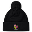 The Erie Rugby Club Pom Pom Beanie by EMB Canterbury is a black fleece-lined hat with a pom-pom and a multicolored crest featuring the US and UK flags, a yellow shield, and "EIRE RUGBY CLUB" text.