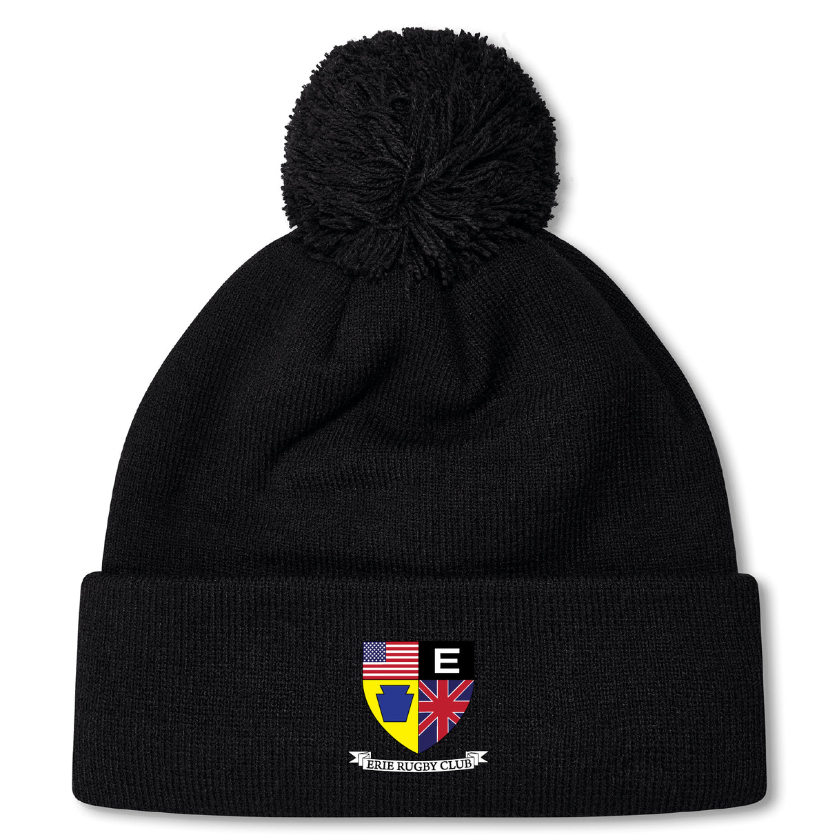 The Erie Rugby Club Pom Pom Beanie by EMB Canterbury is a black fleece-lined hat with a pom-pom and a multicolored crest featuring the US and UK flags, a yellow shield, and "EIRE RUGBY CLUB" text.