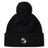 The Eagle High Mustangs Pom Pom Beanie by EMB Canterbury is a black knit hat with a pom-pom, an embroidered eagle and rugby ball logo with green accents on the cuff, and a cozy fleece lining for extra warmth.