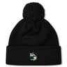 The Eagle High Mustangs Pom Pom Beanie by EMB Canterbury is a black knit hat with a pom-pom, an embroidered eagle and rugby ball logo with green accents on the cuff, and a cozy fleece lining for extra warmth.