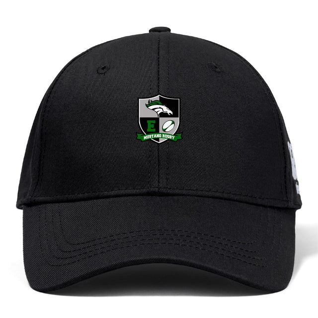 The Eagle High Mustangs Flexfit Drill Cap by EMB Canterbury is a black cap with an embroidered "Highland Rugby" shield, white eagle, green accents, rugby ball on the front, and a subtle CCC logo on the side.
