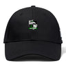 The Eagle High Mustangs Flexfit Drill Cap by EMB Canterbury is a black cap with an embroidered "Highland Rugby" shield, white eagle, green accents, rugby ball on the front, and a subtle CCC logo on the side.