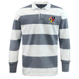 The EMB Mudoo Erie Rugby Club Classic Long Sleeve Hooped Rugby Jersey features wide gray and white stripes, a crisp white collar, and a multi-colored crest on the left chest for vintage rugby style.