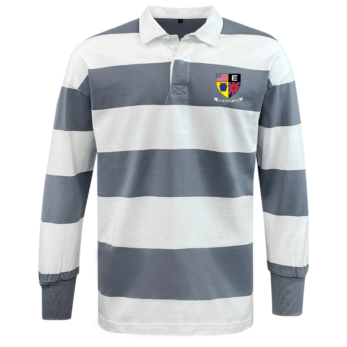 The EMB Mudoo Erie Rugby Club Classic Long Sleeve Hooped Rugby Jersey features wide gray and white stripes, a crisp white collar, and a multi-colored crest on the left chest for vintage rugby style.