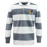 The EMB Mudoo Erie Rugby Club Classic Long Sleeve Hooped Rugby Jersey features wide gray and white stripes, a crisp white collar, and a multi-colored crest on the left chest for vintage rugby style.