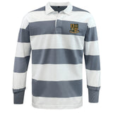 The EMB Mudoo Exiles Rugby Football Club Classic Long Sleeve Hooped Rugby Jersey features bold stripes and a stylish logo—ideal for adding a sporty touch to your outfit.