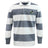 The EMB Mudoo Eagle High Mustangs Classic Long Sleeve Hooped Rugby Jersey features wide white and gray stripes, a collar, button placket, and chest crest for a timeless vintage rugby look.