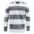 The EMB Mudoo Eagle High Mustangs Classic Long Sleeve Hooped Rugby Jersey features wide white and gray stripes, a collar, button placket, and chest crest for a timeless vintage rugby look.