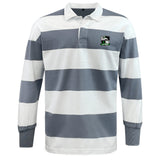 The EMB Mudoo Eagle High Mustangs Classic Long Sleeve Hooped Rugby Jersey features wide white and gray stripes, a collar, button placket, and chest crest for a timeless vintage rugby look.