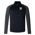 Navy blue Troy University Rugby Elite 1/4 Zip Top jacket with a light gray mesh design on sleeves and a small white crest on the left chest area, designed for optimal performance and comfort by EMB Canterbury.