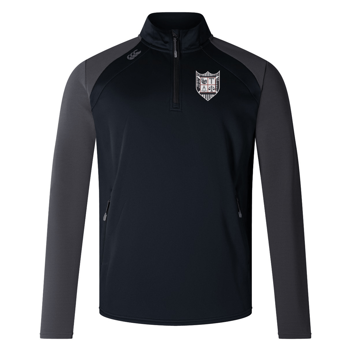 Navy blue Troy University Rugby Elite 1/4 Zip Top jacket with a light gray mesh design on sleeves and a small white crest on the left chest area, designed for optimal performance and comfort by EMB Canterbury.
