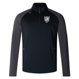 Navy blue Troy University Rugby Elite 1/4 Zip Top jacket with a light gray mesh design on sleeves and a small white crest on the left chest area, designed for optimal performance and comfort by EMB Canterbury.