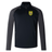Sentence with replaced product name and brand name: EMB Canterbury Burger Boys RFC Elite 1/4 Zip Top, black sports jacket with a high collar, quarter zip, and grey panels on the sides, featuring a yellow and black logo on the chest. Made of performance fabric.
