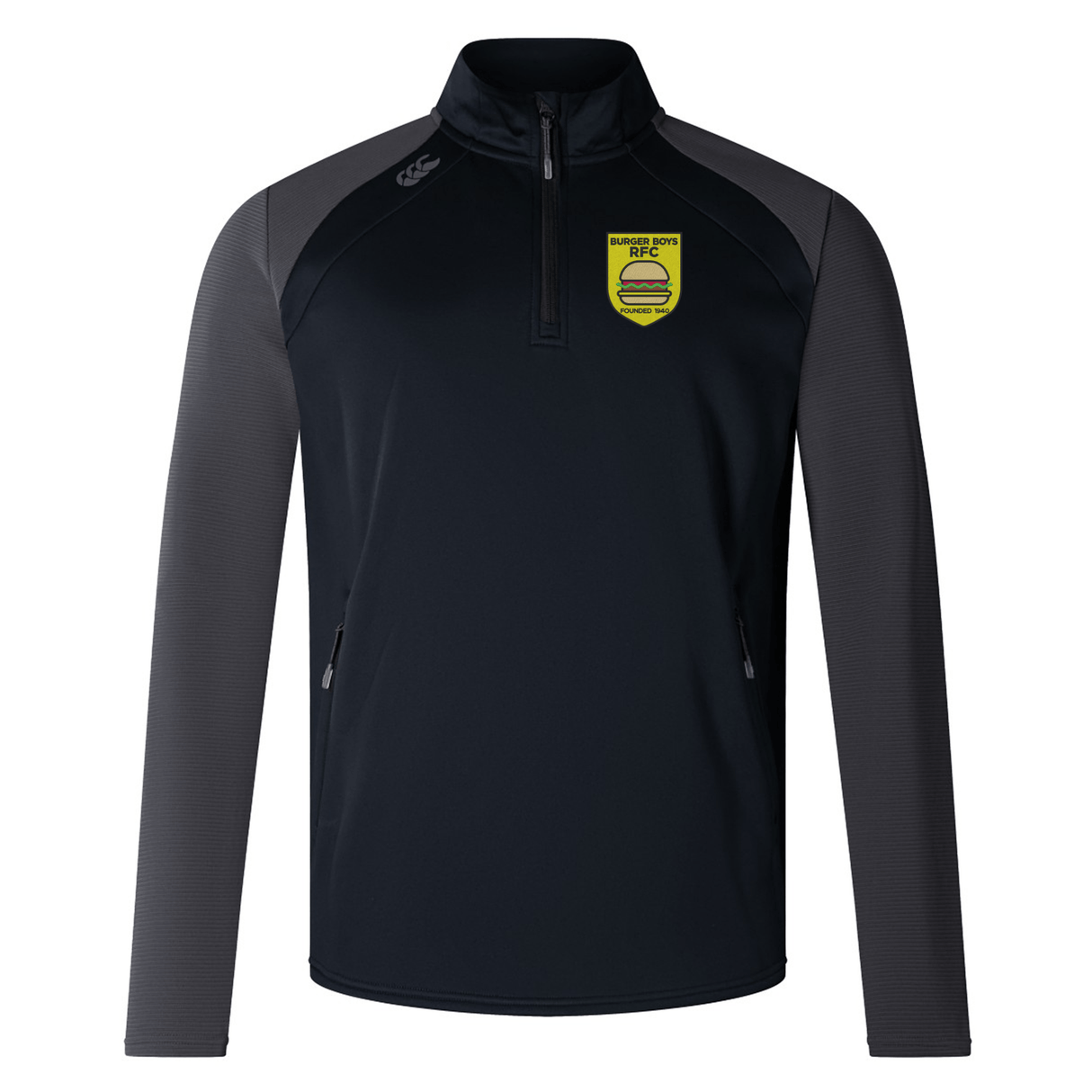 Sentence with replaced product name and brand name: EMB Canterbury Burger Boys RFC Elite 1/4 Zip Top, black sports jacket with a high collar, quarter zip, and grey panels on the sides, featuring a yellow and black logo on the chest. Made of performance fabric.