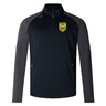 Sentence with replaced product name and brand name: EMB Canterbury Burger Boys RFC Elite 1/4 Zip Top, black sports jacket with a high collar, quarter zip, and grey panels on the sides, featuring a yellow and black logo on the chest. Made of performance fabric.