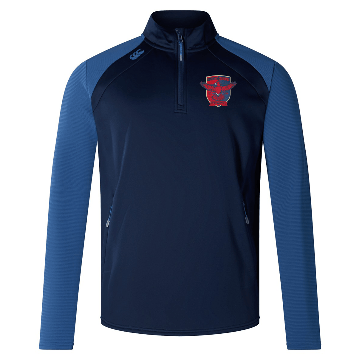 Navy and blue Charlotte Cardinals Rugby Club Elite 1/4 Zip Top with a red and gold crest on the left chest, designed by EMB Canterbury for comfort.