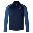 A blue long-sleeve rugby jacket with a half-zip front. This comfortable fabric Rugby East Conference Elite 1/4 Zip Top by Canterbury features the "Rugby East" logo with a pink lion on the chest and a small blue EMB Canterbury logo on the right shoulder, perfect for training wear.