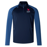 A blue long-sleeve rugby jacket with a half-zip front. This comfortable fabric Rugby East Conference Elite 1/4 Zip Top by Canterbury features the "Rugby East" logo with a pink lion on the chest and a small blue EMB Canterbury logo on the right shoulder, perfect for training wear.