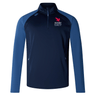 A blue long-sleeve rugby jacket with a half-zip front. This comfortable fabric Rugby East Conference Elite 1/4 Zip Top by Canterbury features the "Rugby East" logo with a pink lion on the chest and a small blue EMB Canterbury logo on the right shoulder, perfect for training wear.