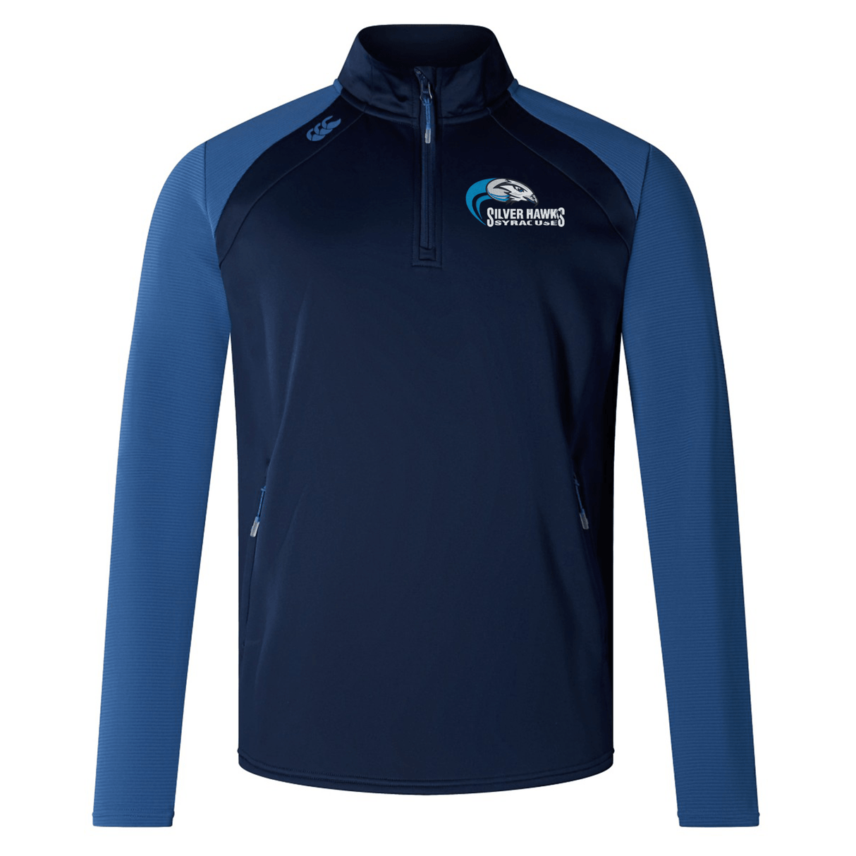 A navy and blue long-sleeve athletic pullover with a half-zip front, featuring a "Silver Hawks" logo on the left chest. This Syracuse Silver Hawks Elite 1/4 Zip Top by Canterbury combines performance and comfort for ultimate versatility. Discover superior quality with EMB Canterbury.
