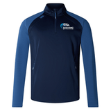 A navy and blue long-sleeve athletic pullover with a half-zip front, featuring a "Silver Hawks" logo on the left chest. This Syracuse Silver Hawks Elite 1/4 Zip Top by Canterbury combines performance and comfort for ultimate versatility. Discover superior quality with EMB Canterbury.
