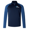 A navy and blue long-sleeve athletic pullover with a half-zip front, featuring a "Silver Hawks" logo on the left chest. This Syracuse Silver Hawks Elite 1/4 Zip Top by Canterbury combines performance and comfort for ultimate versatility. Discover superior quality with EMB Canterbury.