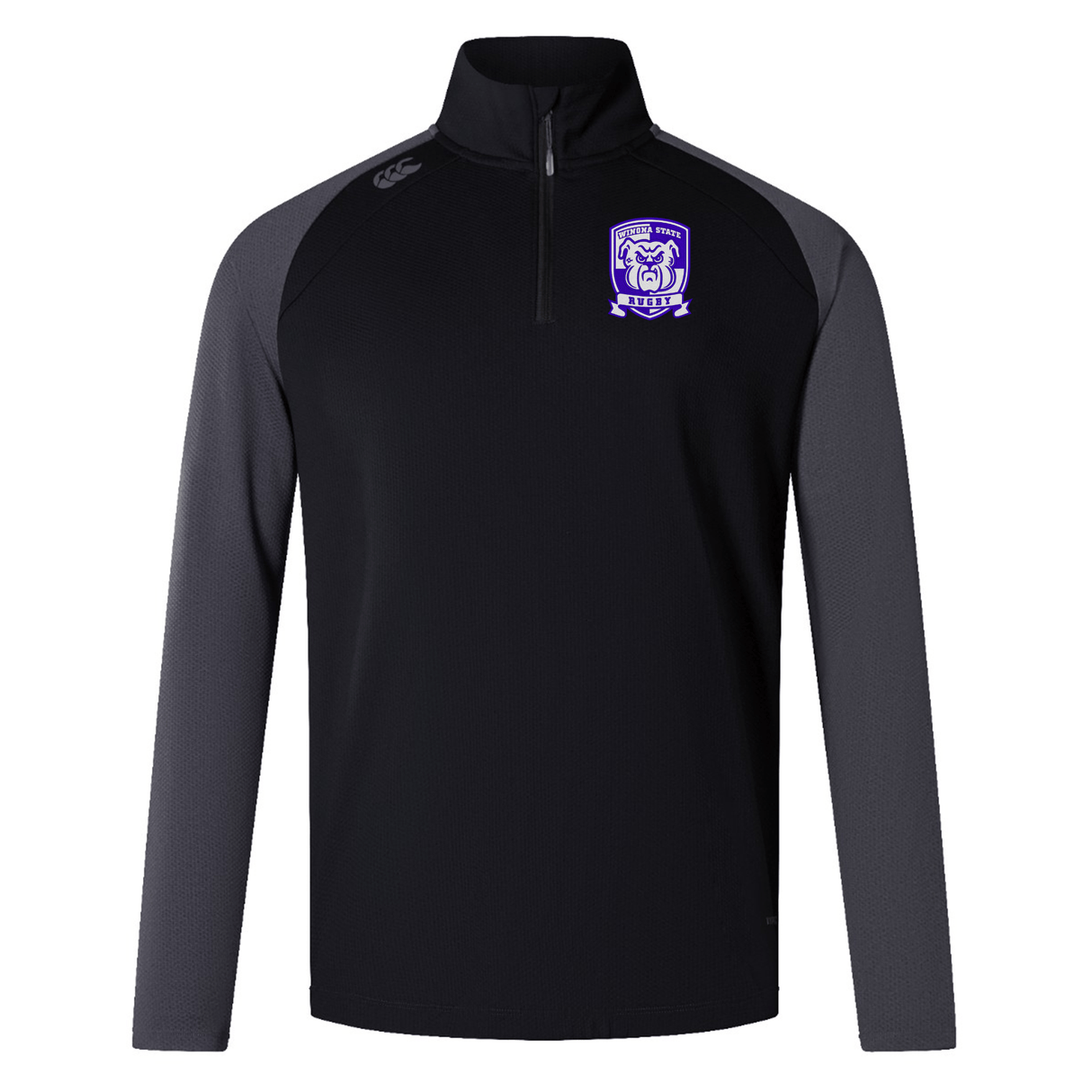 Long-sleeve, black and grey quarter-zip top with a purple and white embroidered crest on the left chest, featuring VapoDri technology for breathable, quick-drying comfort. The product is the Winona State University Elite First Layer by Canterbury by EMB Canterbury.