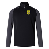 Black and gray long-sleeve athletic shirt with a quarter-zip and a logo on the left chest area, crafted from breathable fabric. Burger Boys RFC Elite First Layer by EMB Canterbury.